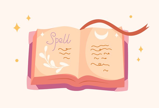 一本可爱的翻开的魔法书插画，带有插图和一个丝带书签，色彩柔和，呈粉彩色调。图片下载