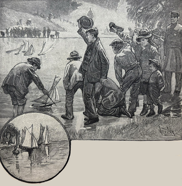 复古插画——一群小孩将玩具帆船放入池塘的水中图片下载