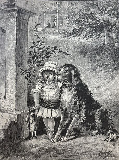 古董插画 - 一个穿着裙子的小女孩站在门边，旁边有一只毛发长长的狗图片下载