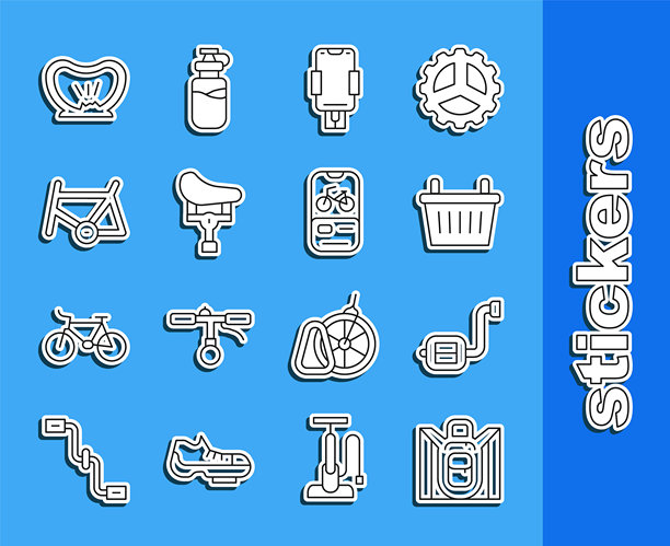 徒步背包、自行车踏板、篮子、手机支架、座椅、车架、爆胎和租赁手机应用程序图标的线条集合。矢量图图片下载