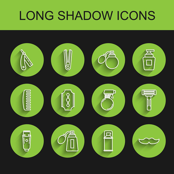 理发推剪或剃须刀、带喷雾的须后水瓶、直剃刀、剃须啫喱泡沫、小胡子、刀片以及理发师喷枪的线条图标。矢量图图片下载