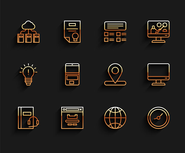 音频书、浏览器窗口、云端或在线图书馆、社交网络、时钟、笔记本电脑、电脑显示器和定位图标的线性插画。矢量图图片下载