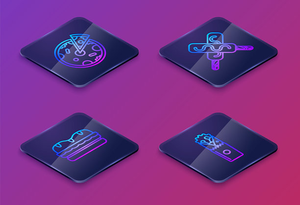 披萨、三明治、冰淇淋和土耳其烤肉的等距线条集。蓝色方形按钮。矢量图。图片下载