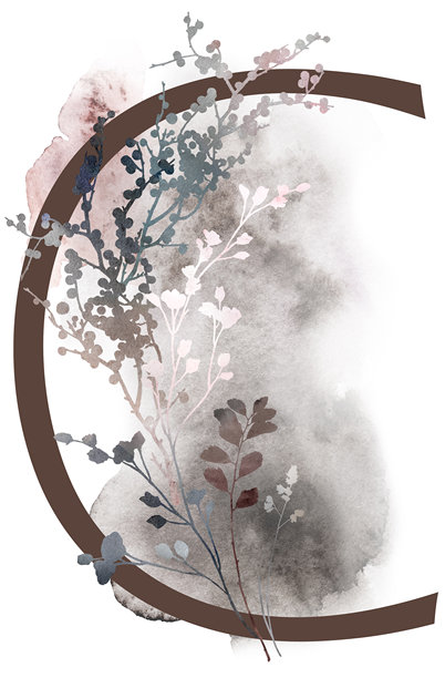 土色系水彩秋叶与青草组成的字母C，冬季婚礼插画图片下载