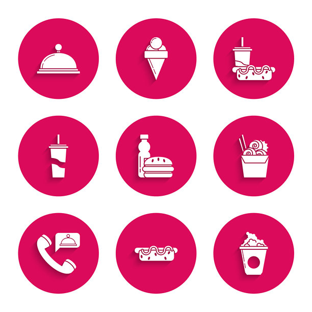 设置水瓶和汉堡、纸盒爆米花、亚洲面条纸筷子、食品订购、纸杯饮用吸管、热狗和带盖托盘食物图标。矢量图图片下载