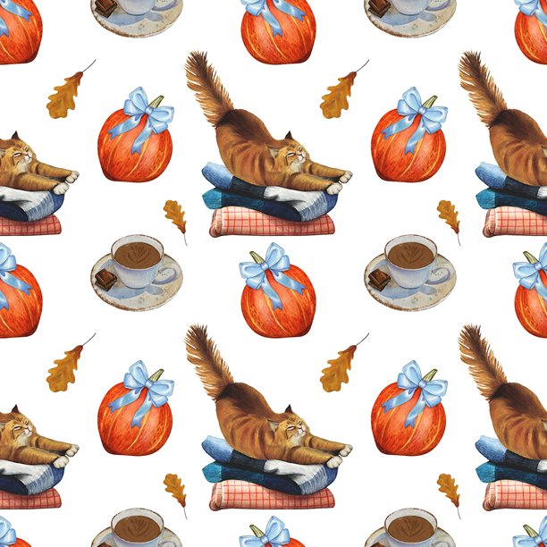 手绘秋季无缝图案，包含毯子上的猫、一杯咖啡、南瓜和橡树叶。水彩插画。图片下载