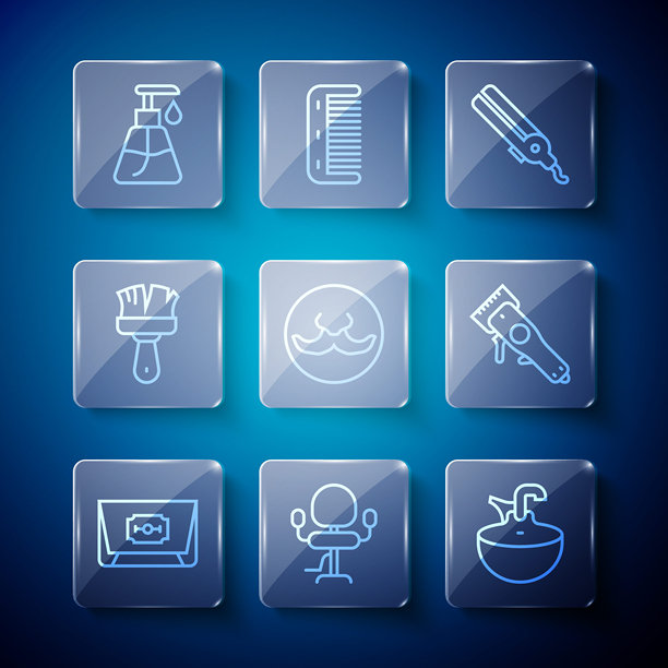 刀片剃刀、理发店椅子、洗脸池、卷发棒、胡子、剃须刷、化妆品霜管和电动推剪图标的线条集合。矢量图图片下载