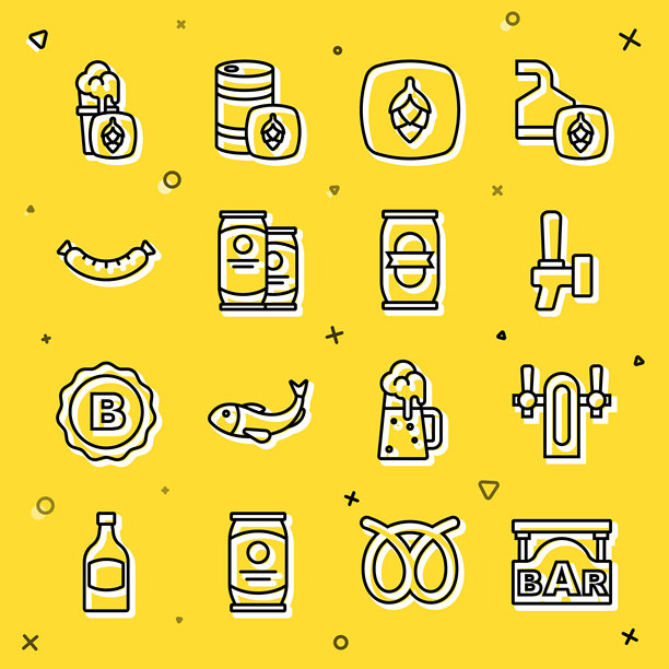 条形街牌，包含酒吧、啤酒龙头、啤酒花、啤酒罐、香肠、啤酒杯和图标。矢量图。图片下载