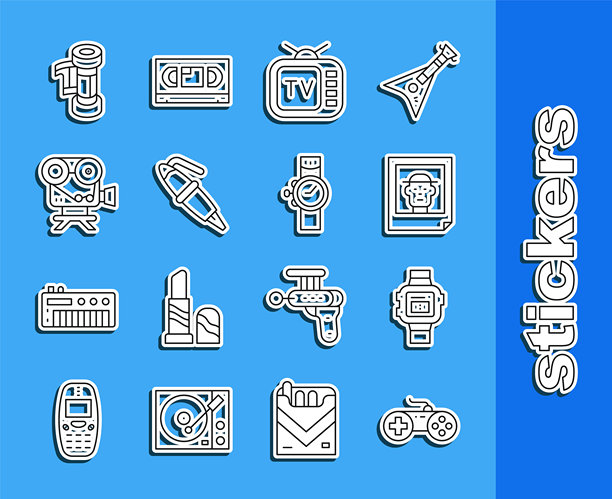 游戏手柄、手表、照片、复古电视、钢笔尖、电影摄影机、胶卷盒和图标的线条集合。矢量图图片下载