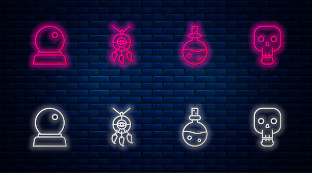 羽毛捕梦网、爱情魔药瓶、魔法球和头骨的线条插画。砖墙上的发光霓虹图标。矢量图。图片下载