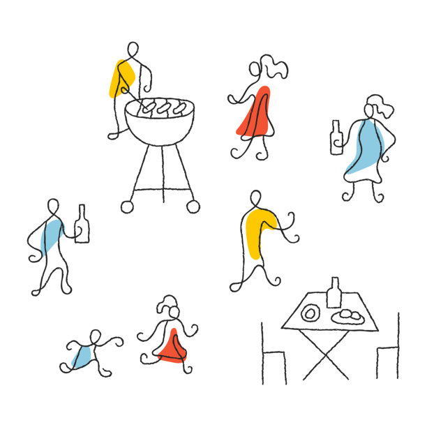 烧烤派对上的人们，简约矢量插画图片下载