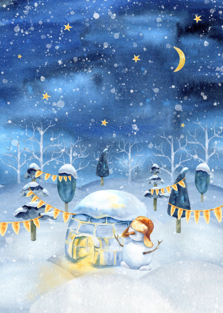 圣诞节因纽特人夜晚的框架，包含冰屋、星空、黄月亮和雪堆。节日北欧森林景观背景。装饰树、云杉。水彩冬季、雪人、新年景象、降雪。图片下载