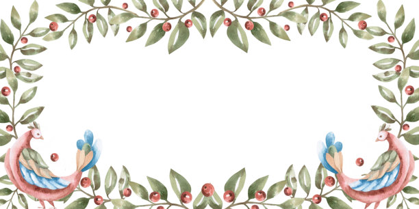 矩形框架，带有弯曲的树枝、红色浆果和童话般的鸟儿。采用民间风格绘制的孤立水彩插画，适用于家纺、室内装饰、海报和请柬。图片下载