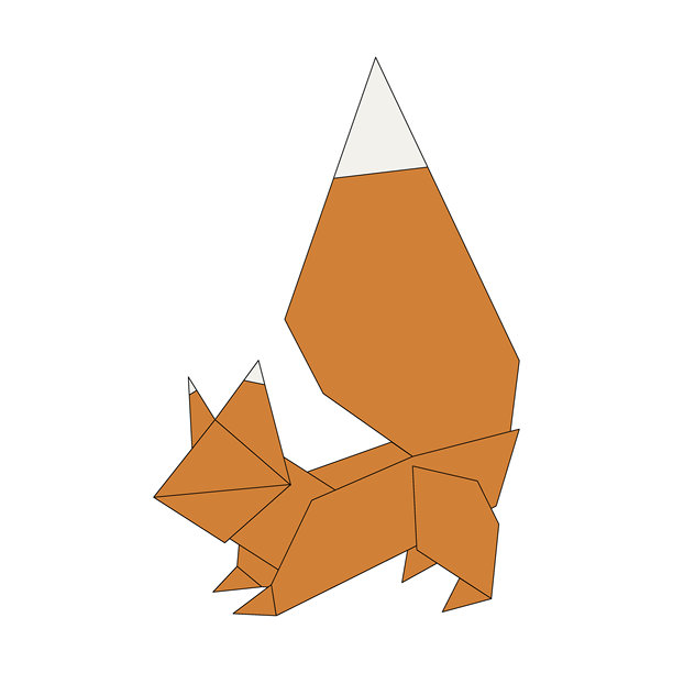 一只折纸风格的矢量狐狸插画。狐狸是橙色的，尾巴和耳朵尖端为白色，展现出几何形状和简洁的线条。图片下载