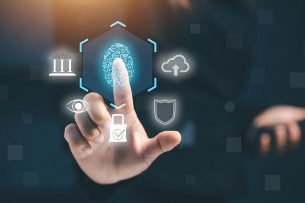一位商人正在触摸全息指纹扫描仪图标，代表生物识别认证、网络安全、身份验证和安全数字访问技术概念。图片下载