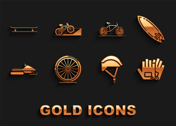 一组在街道坡道上的自行车轮、冲浪板、手套、头盔、雪地摩托、滑板和图标。矢量图图片下载