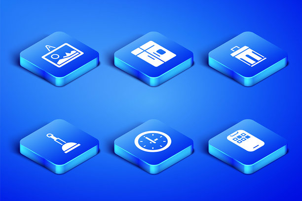 手机应用、图片、时钟、皮搋子、冰箱和垃圾桶图标集。矢量图图片下载