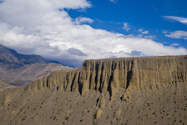 尼泊尔穆斯坦格被侵蚀的悬崖和岩层，展示了令人惊叹的喜马拉雅地质和沙漠般的景观。非常适合旅行、探险、地理和自然插画用途。图片下载