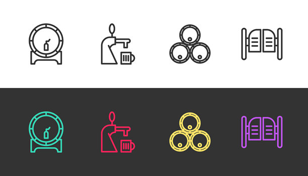 黑白插画：架子上的木桶，啤酒龙头和酒杯，酒桶和酒吧门。矢量图。图片下载