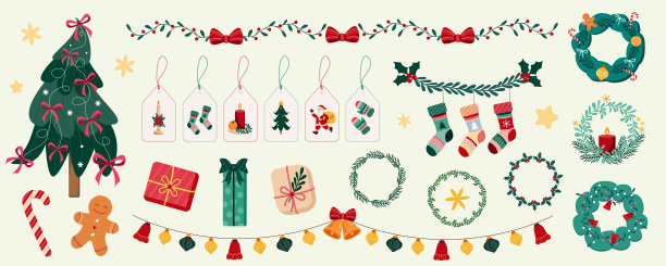 北欧圣诞矢量素材，包含节日装饰、礼品盒、花环、花彩、袜子、新年树、姜饼人、蝴蝶结、冬青浆果、星星。适用于贺卡、包装纸、标签设计。图片下载
