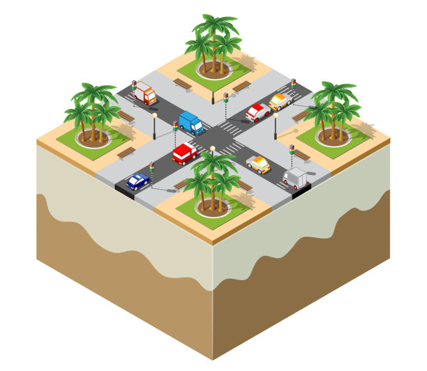 热带城市十字路口车辆行驶的等距插画，配有棕榈树图片下载