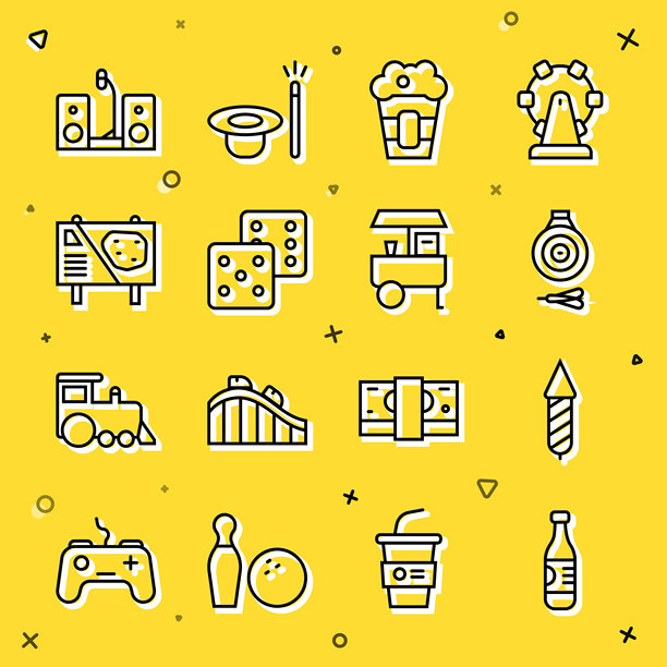 一套图标：水瓶、烟花火箭、飞镖靶和飞镖、爆米花盒、游戏骰子、游乐园广告牌、双扬声器家用音响和街头快餐车图标。矢量图图片下载