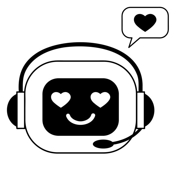 线性黑白插画，描绘了一个面带微笑、眼中带着心形图案的AI聊天机器人。图片下载