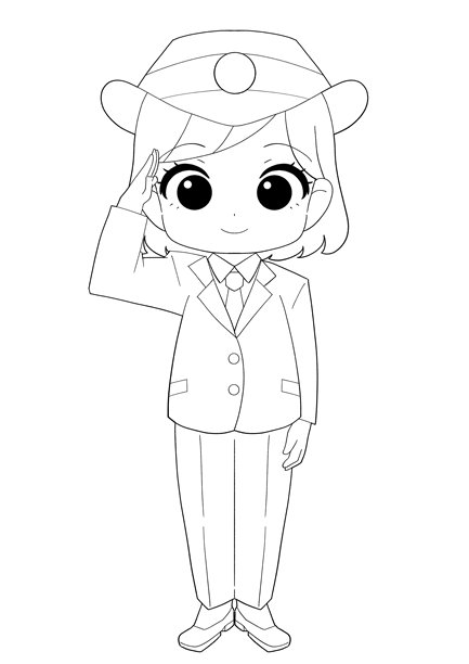 一个可爱的黑白插画，描绘了一位女性车站工作人员。图片下载