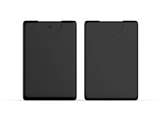 黑色口袋香水模型，用于品牌推广的香水试用样品容器模型，3D插画。图片下载