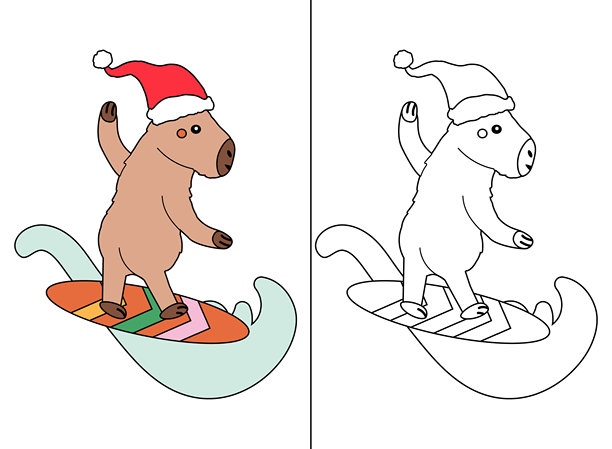 可爱的水豚戴着圣诞帽，在色彩鲜艳的冲浪板上冲浪。提供彩色和涂色本版本。非常适合儿童节日活动、圣诞节可打印素材、教育工作表和节日设计。图片下载