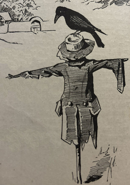 古董插画 - 稻草人头上坐着一只黑乌鸦图片下载