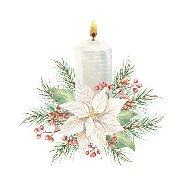圣诞花束，配有白色一品红、点燃的蜡烛、绿色松枝和红色浆果枝水彩插画，孤立。手绘柔和的新年剪贴画，用于制作精美卡片。图片下载