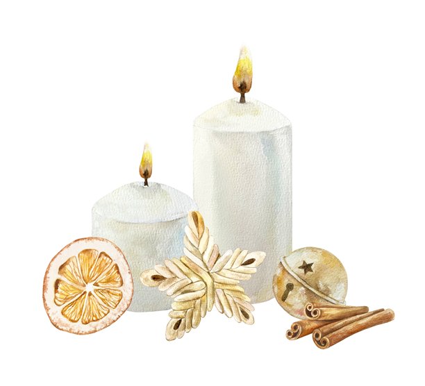 圣诞节白色蜡烛，配以干橙片、柳条星星、金色铃铛和肉桂棒的水彩插画，孤立。手绘的柔和米色新年剪贴画，斯堪的纳维亚风格。图片下载