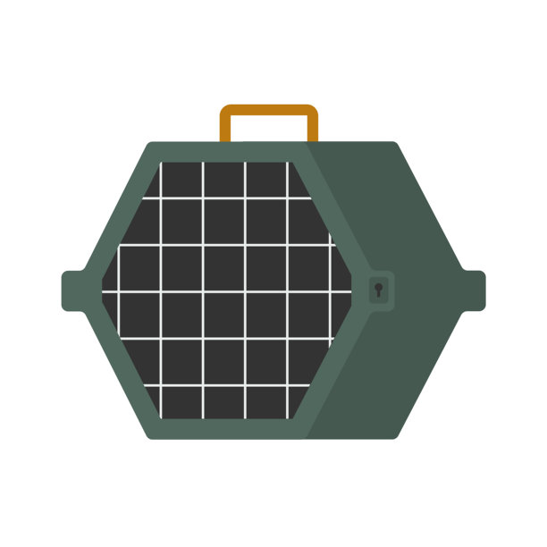 矢量隔离插画，包含用于飞机、火车、巴士等公共交通的宠物包。绿色的宠物旅行箱是耐用且符合人体工程学的旅行配件。图片下载