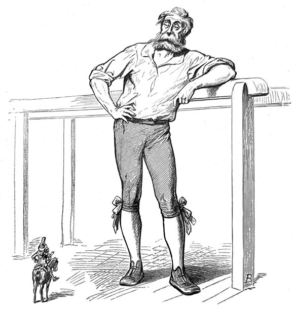 古董插画-巨人倚靠栅栏俯视骑马的男子图片下载