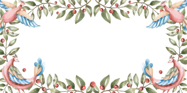 具有弯曲树枝、红色浆果和童话般飞鸟的矩形相框，采用民间风格的手绘水彩插画，适合家居纺织品、室内装饰、海报和请柬。该插画为孤立的素材，背景透明。图片下载
