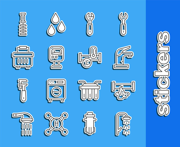 淋浴器、破裂的管道、水龙头、扳手、水压表、工具箱、马桶刷和工业金属图标的线条图标。矢量图图片下载