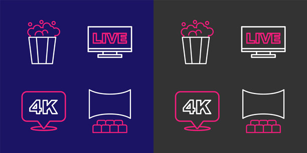 电影院的线条集合，包含屏幕、4K超高清、直播和爆米花纸盒图标。矢量图图片下载
