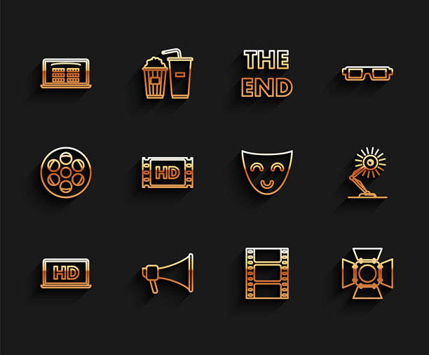 设置线条笔记本屏幕配高清视频技术、扩音器、在线购买电影票、播放视频、电影聚光灯、4k电影、磁带、框架、台灯和喜剧戏剧面具图标。矢量图图片下载