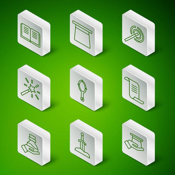 巫师帽、石中剑、古魔法书、镜子、魔杖、药水瓶和图标的线条集合。矢量图图片下载