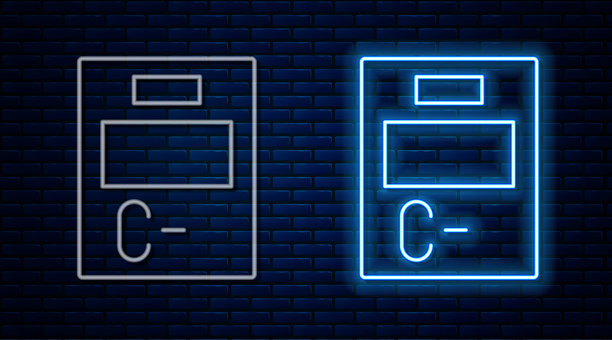 发光的霓虹线条考试卷，上面有错误的答案，调查图标，孤立在砖墙背景上。测试结果不佳。矢量图图片下载