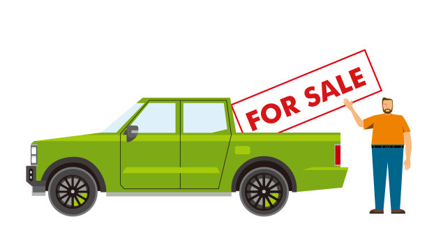绿色皮卡车，车上贴有“出售”标志，旁边站着一位男士 – 平面矢量插画图片下载