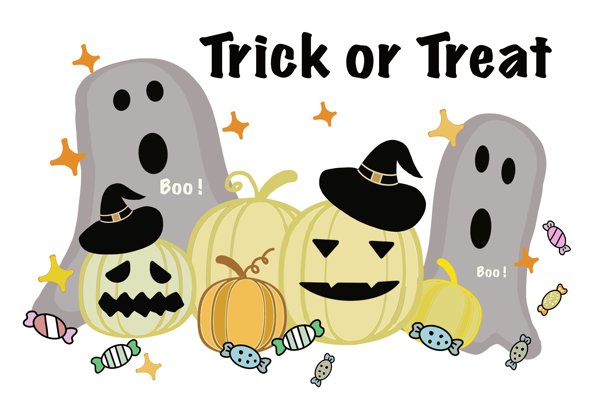 可爱的万圣节插画，描绘了戴着巫师帽的微笑南瓜、说着“Boo！”的友好鬼魂，以及散落四周的五彩糖果。“不给糖就捣蛋”的文字，充满了万圣夜的趣味和活泼精神。图片下载
