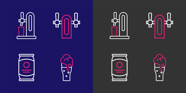 玻璃杯啤酒、啤酒罐、啤酒龙头和玻璃杯图标的线条集合。矢量图图片下载