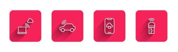 网络云连接的线条集合、智能汽车系统、云技术数据和带长影子的USB无线适配器。红色方形按钮。矢量图。图片下载