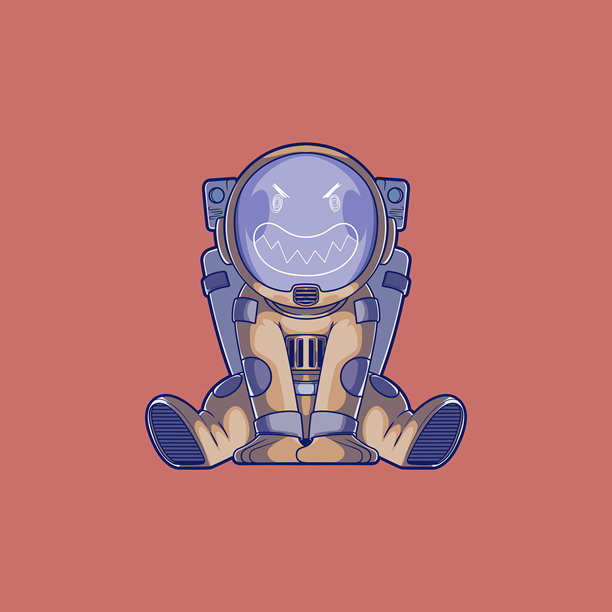 生气宇航员坐在地板上，头盔上有脸部图案的矢量插画。图片下载
