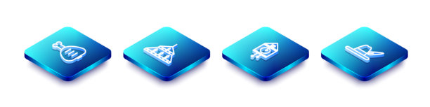 一套等距线条鸡腿、大型钢制吊灯、复古墙钟和慕尼黑啤酒节帽子图标。矢量图图片下载