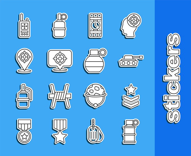 手持烟雾弹、军衔、坦克、定时炸弹、射击靶、对讲机和图标的线条集合。矢量图图片下载