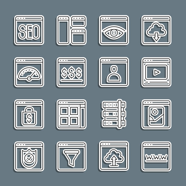 浏览器窗口、照片修饰、在线视频播放、隐身模式、屏幕购物、数字速度计、SEO优化和创建账户图标的线条集合。矢量图图片下载