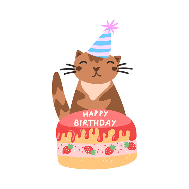 猫咪生日插画矢量图。适用于生日派对、庆祝活动设计、贴纸、剪贴画。图片下载